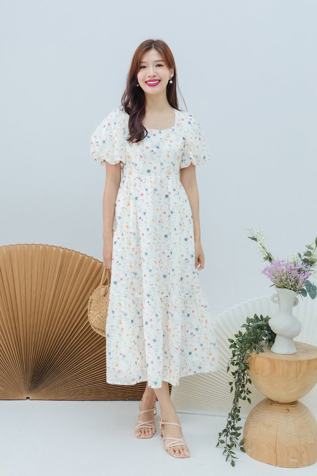 (NEW FABRIC!) Seasons of Love Puffy Sleeves Dress in Cream Garden Florals