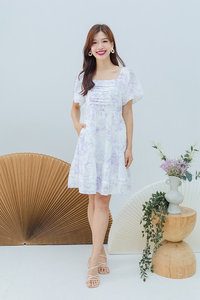 Pleats Wonderland Babydoll Dress in Lilac Camellia