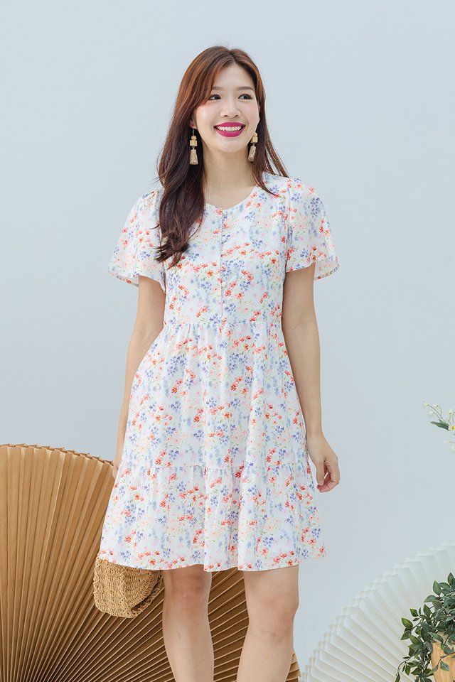 Sweetly Buttoned Dress in Carmine Florals