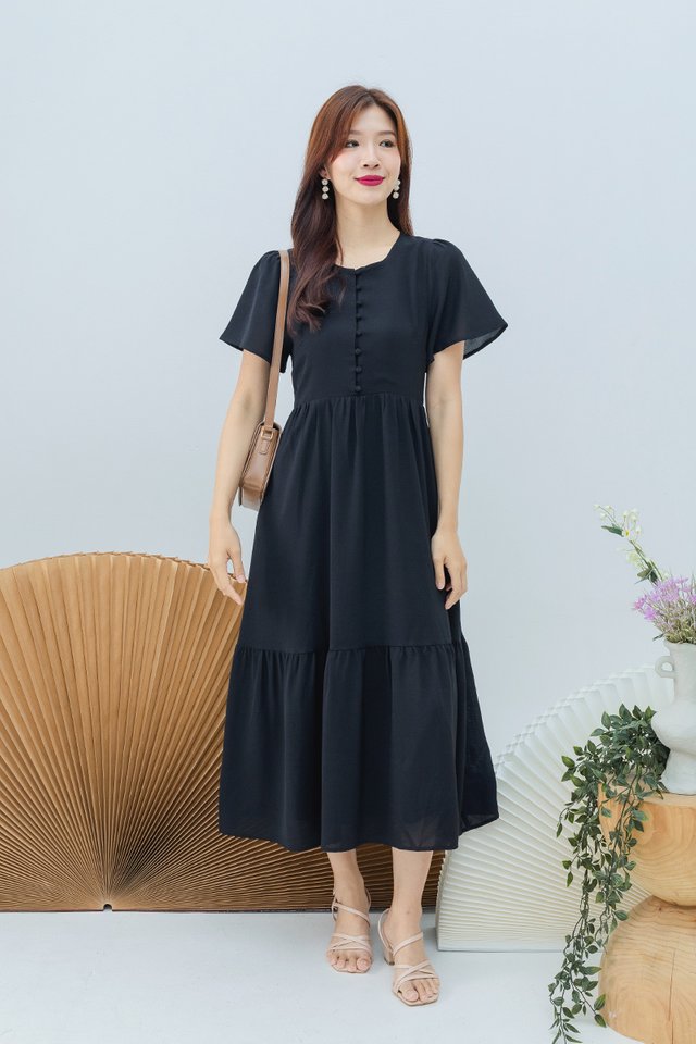 Sweetly Buttoned Midi Dress in Black