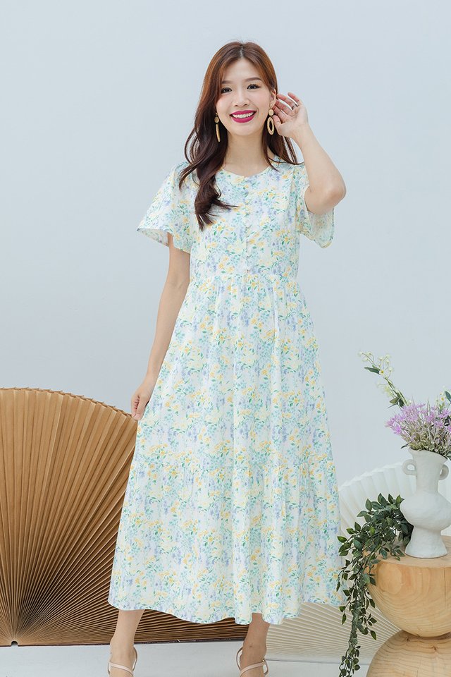Sweetly Buttoned Midi Dress in Marigold Florals