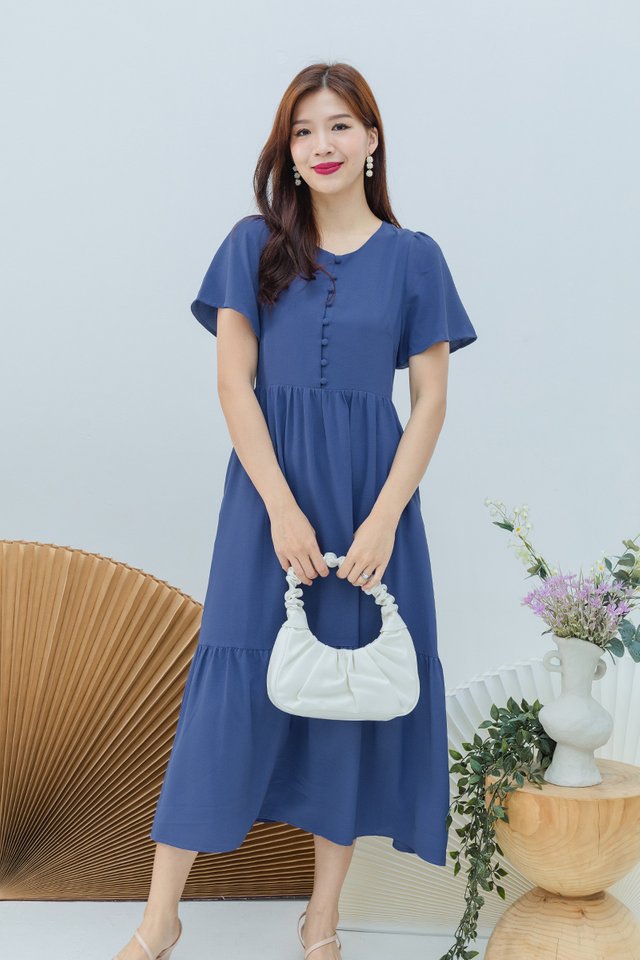 Sweetly Buttoned Midi Dress in Marine Blue