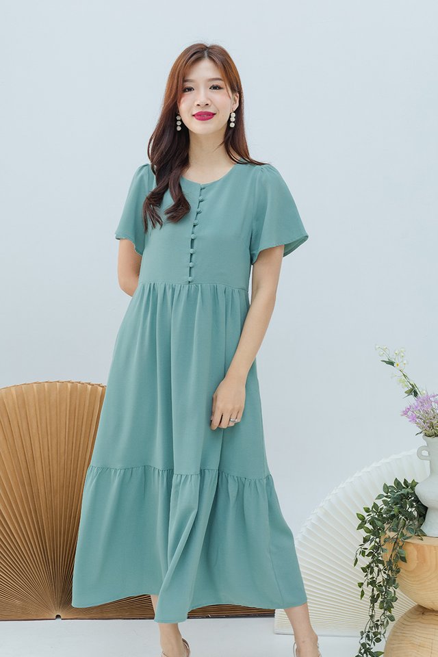 Sweetly Buttoned Midi Dress in Sea Green