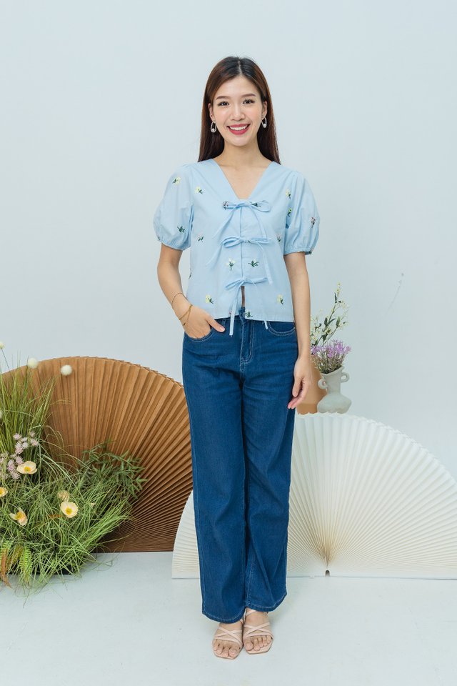 Annelise Embroidery Bow Tie Top in Sky Blue