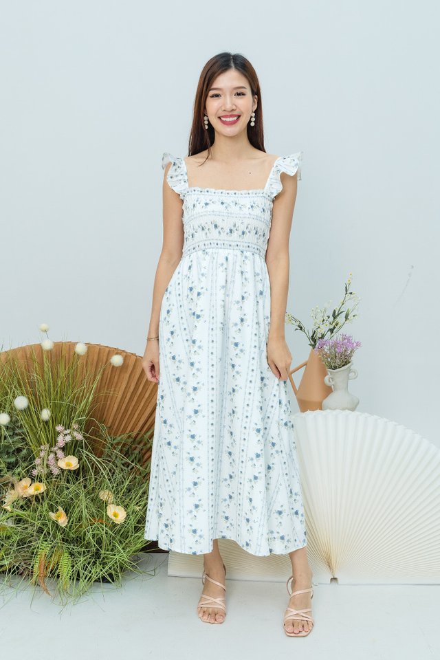 Aria Multi-Way Smocked Dress in Slate Blue Camellia