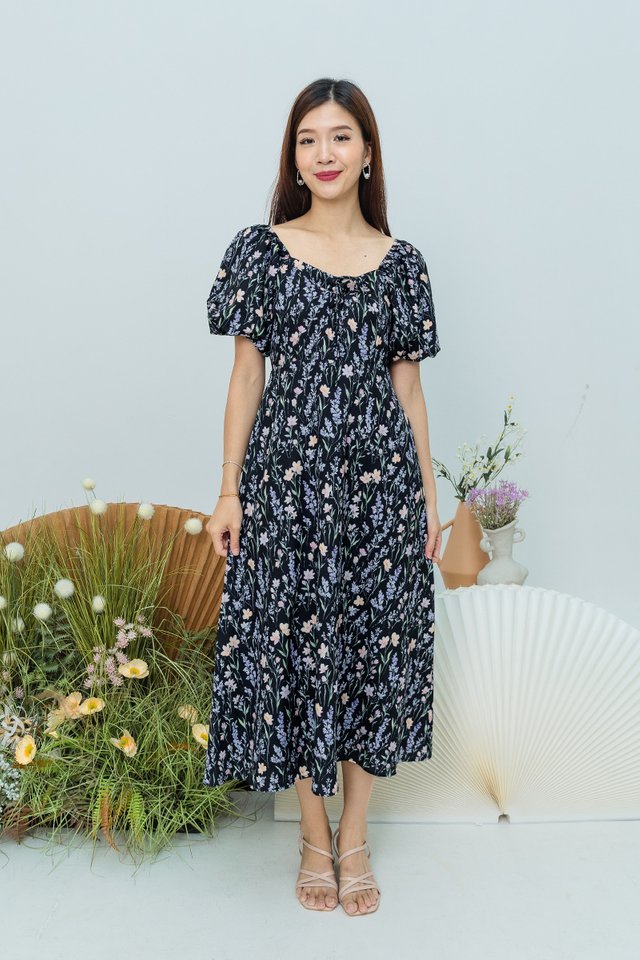 Garden Haze Lace Up Dress in Black Florals
