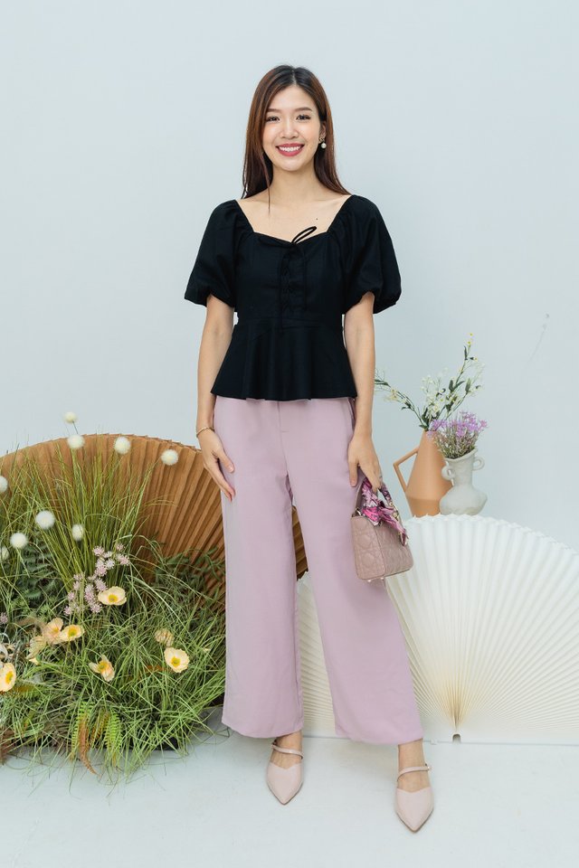 Garden Haze Lace Up Top in Solid Black