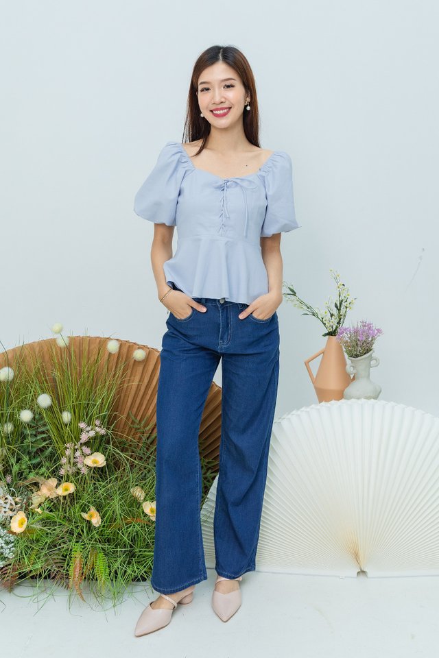 Garden Haze Lace Up Top in Solid Powder Blue