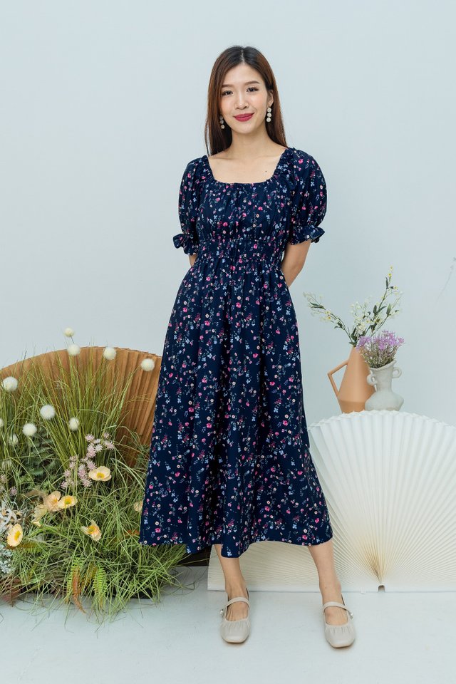 Twirl and Frill Dress in Navy Blooms