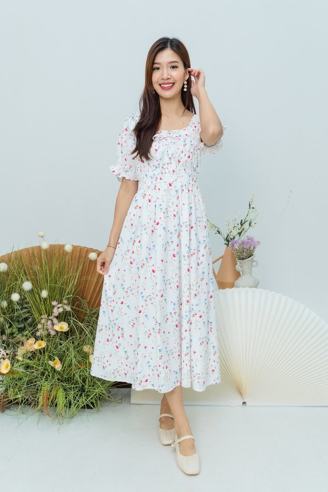 Twirl and Frill Dress in White Blooms