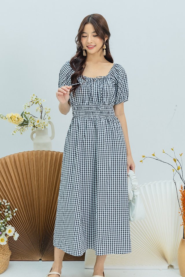 Anya Smocked Waist Dress in Black Gingham