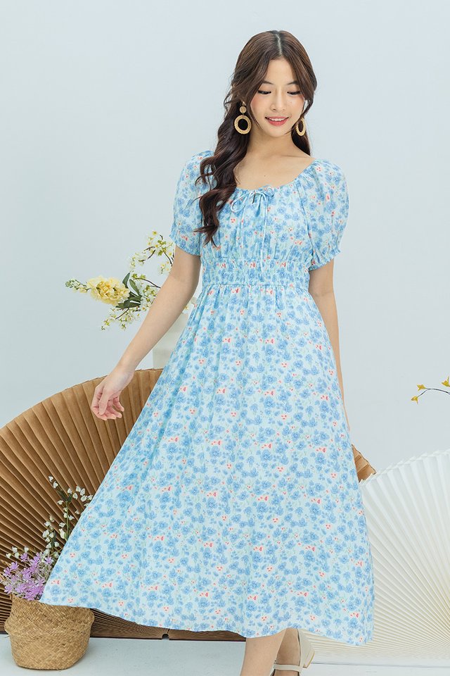 Anya Smocked Waist Dress in Blue Meadows