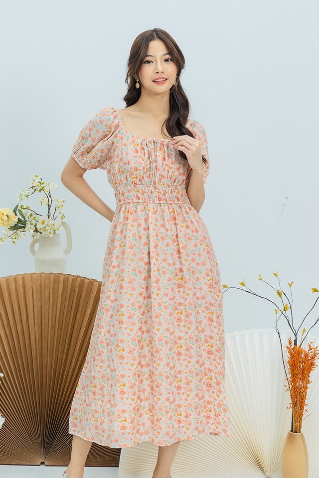 Anya Smocked Waist Dress in Orange Meadows
