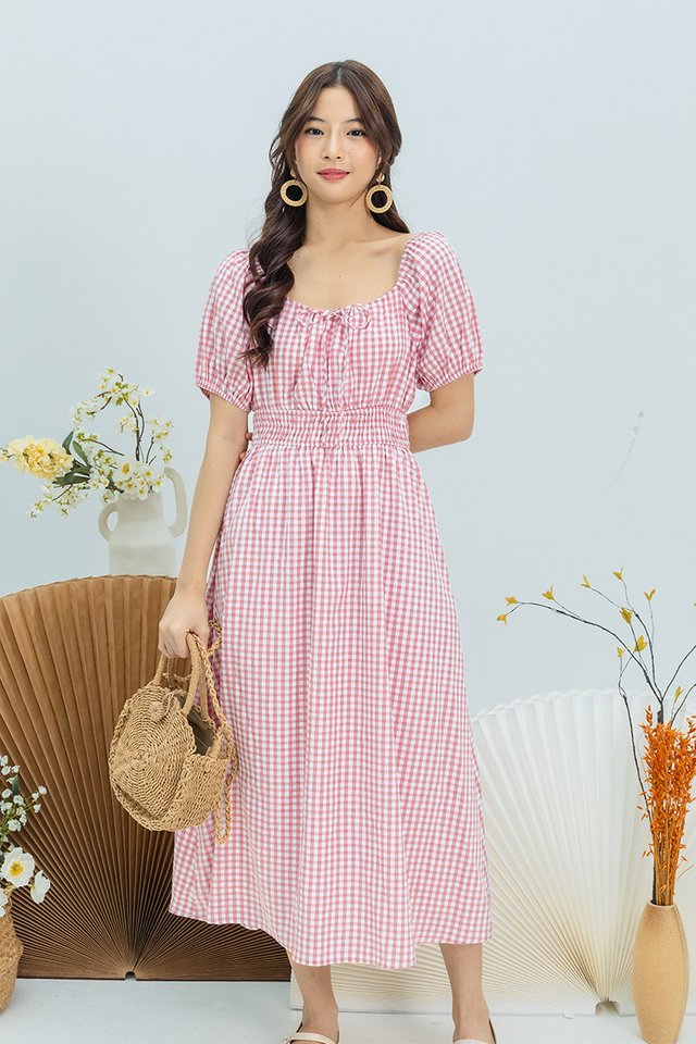 Anya Smocked Waist Dress in Rose Gingham