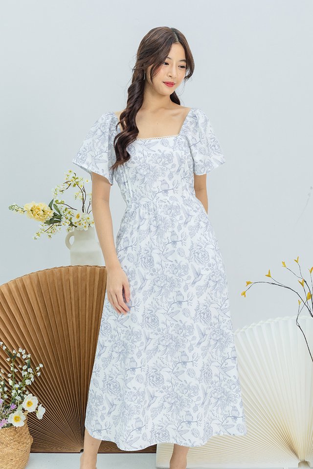 Blossoms and Birds Pintuck Dress in Grey Porcelain