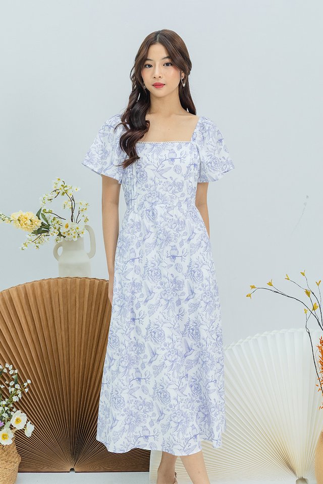 Blossoms and Birds Pintuck Dress in Lilac Porcelain