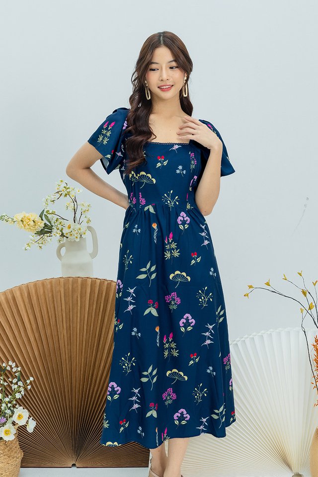 Botanical Whispers Pintuck Dress in Navy