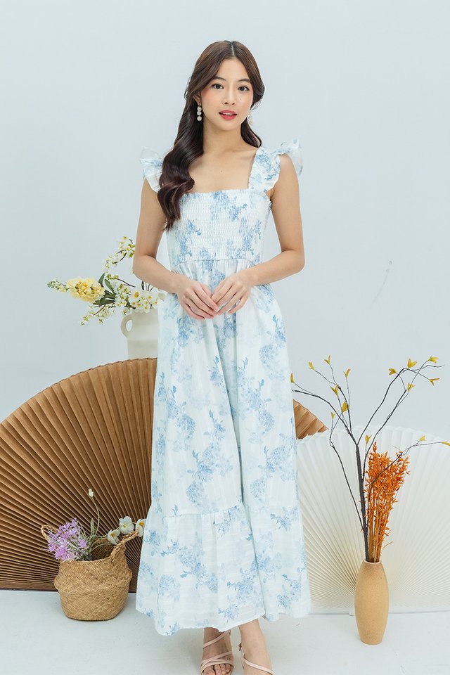 Elise Smocked Ruffle Straps Dress in Celestial Blue Florals