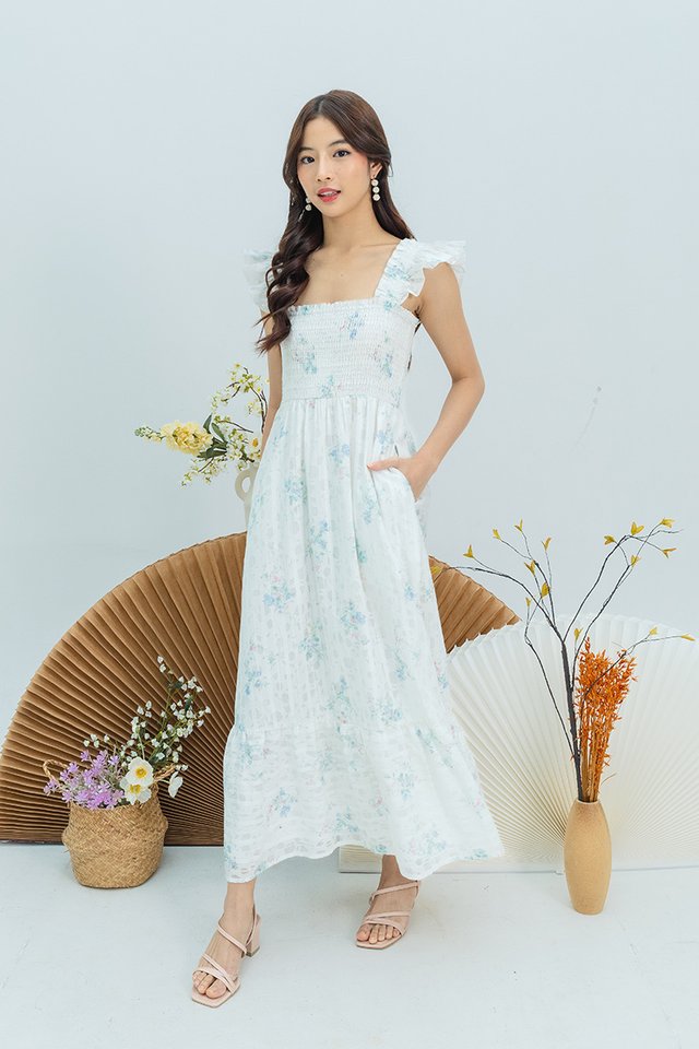 Elise Smocked Ruffle Straps Dress in Cloudflower