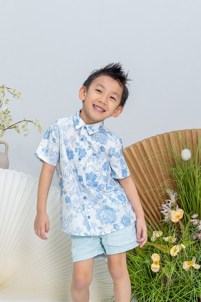 Bloom of Abundance Boy's Shirt in Blue Porcelain