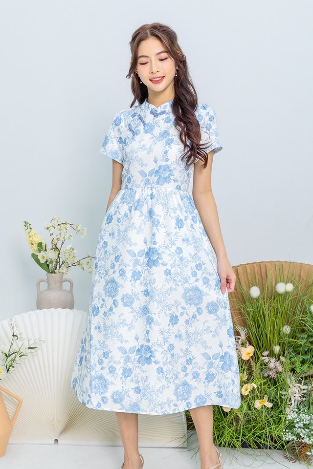 Bloom of Abundance Cheongsam Dress in Blue Porcelain