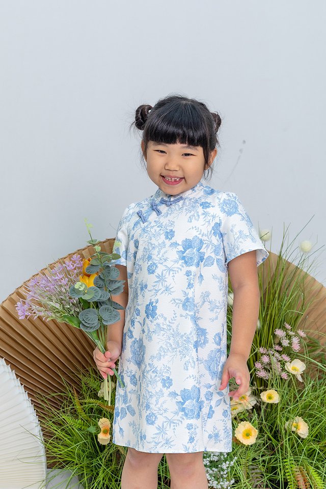 Bloom of Abundance Girl’s Dress in Blue Porcelain