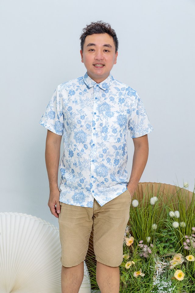 Bloom of Abundance Men's Shirt in Blue Porcelain