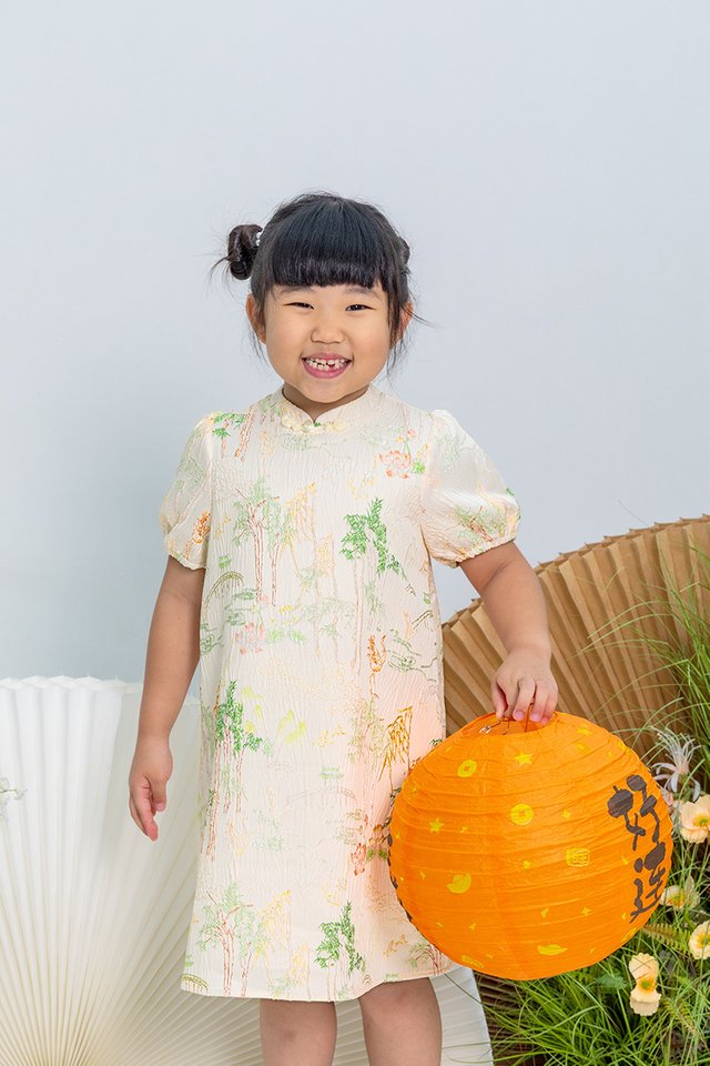 Crane of Prosperity Girl's Dress in Champagne Silk