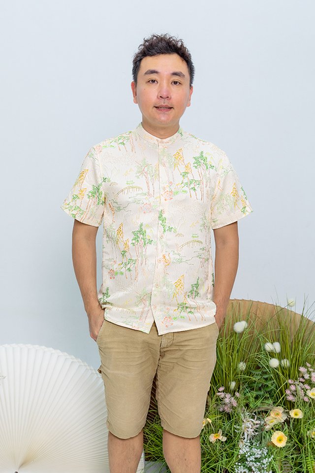 Crane of Prosperity Men's Shirt in Champagne Silk