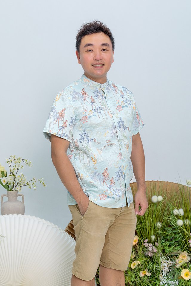 Crane of Prosperity Men's Shirt in Pastel Sky