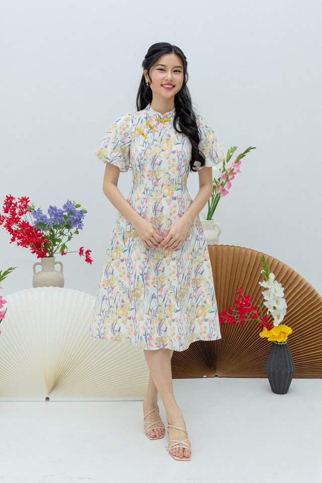Eastern Blossom Cheongsam Dress in Yellow