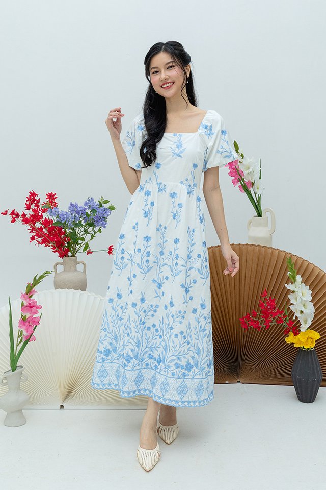 Floral Veil Embroidery Puffy Sleeves Dress in Porcelain Blue