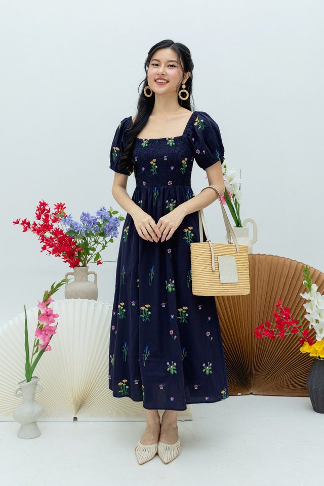 Wildflower Embroidery Dream Dress in Navy