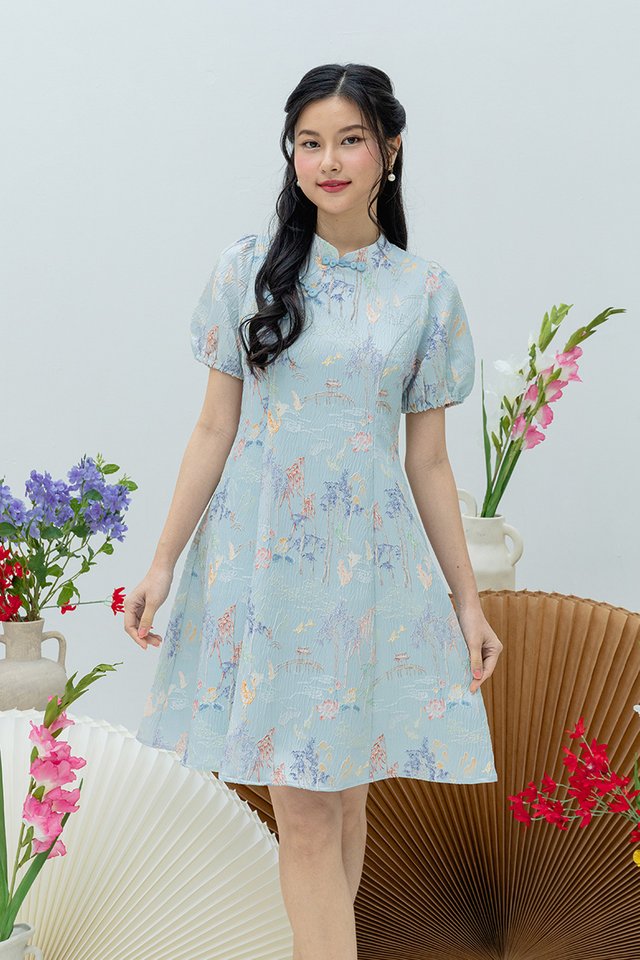 Crane of Prosperity Babydoll Dress in Pastel Sky