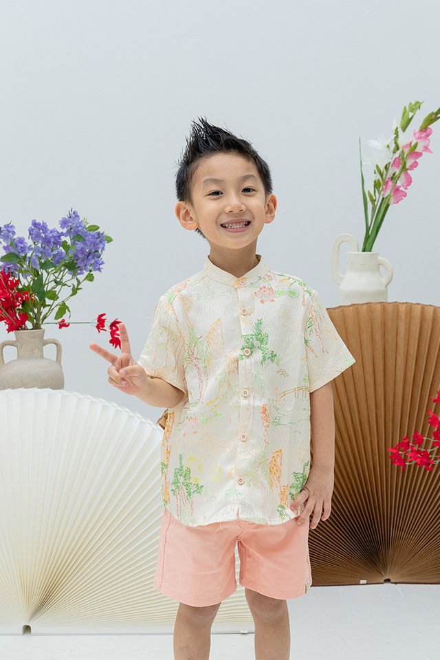Crane of Prosperity Boy’s Shirt in Champagne Silk