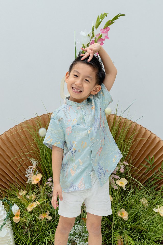 Crane of Prosperity Boy’s Shirt in Pastel Sky