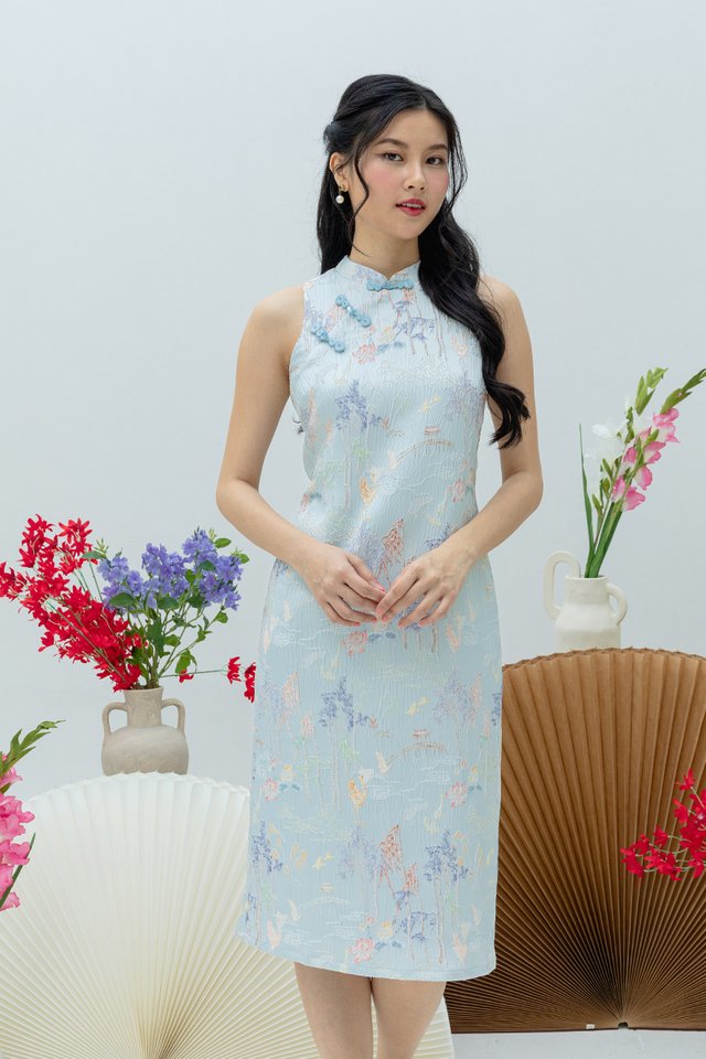 Crane of Prosperity Cheongsam Dress in Pastel Sky