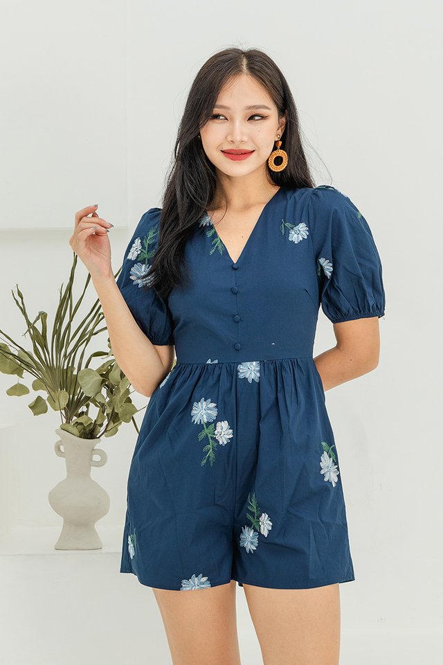 Floral Fields Embroidery Romper in Navy
