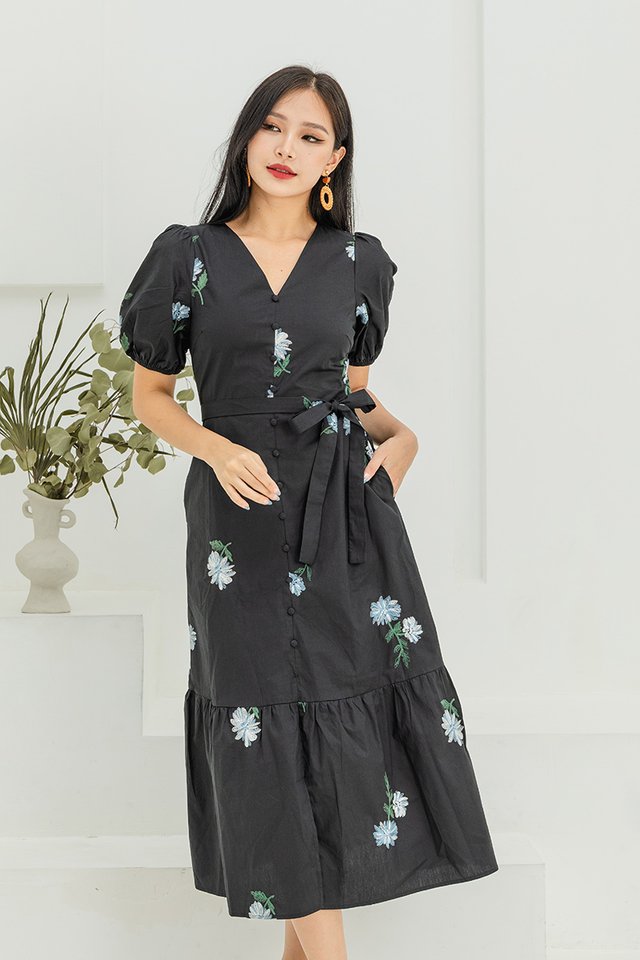 Floral Fields Faux Buttons Embroidery Dress in Black