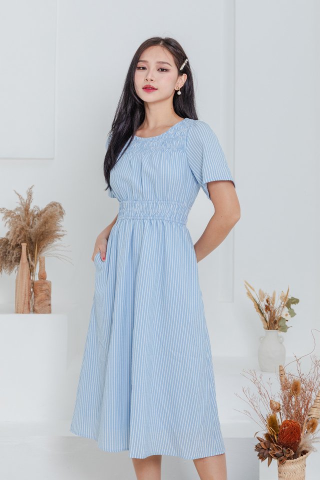 Simple Perfection Ruched Dress in Blue Stripes