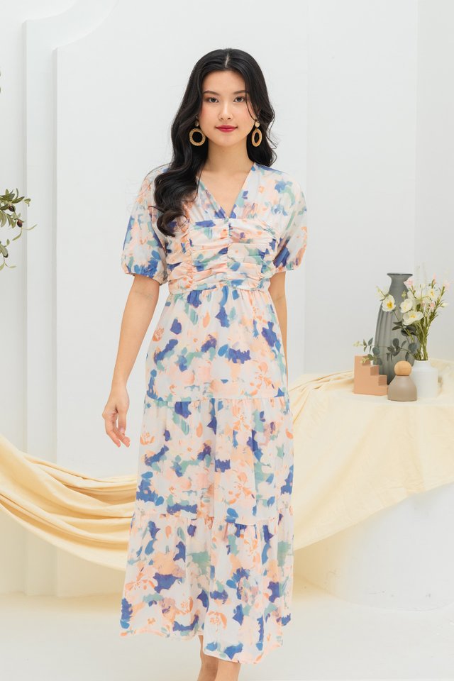 Art Class Ruched Dress in Watercolour Florals