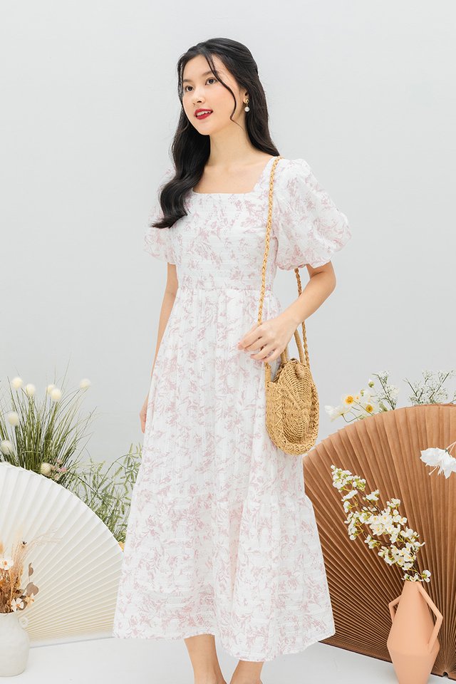 Floral Attic Puffy Sleeves Dress in Sweet Pink