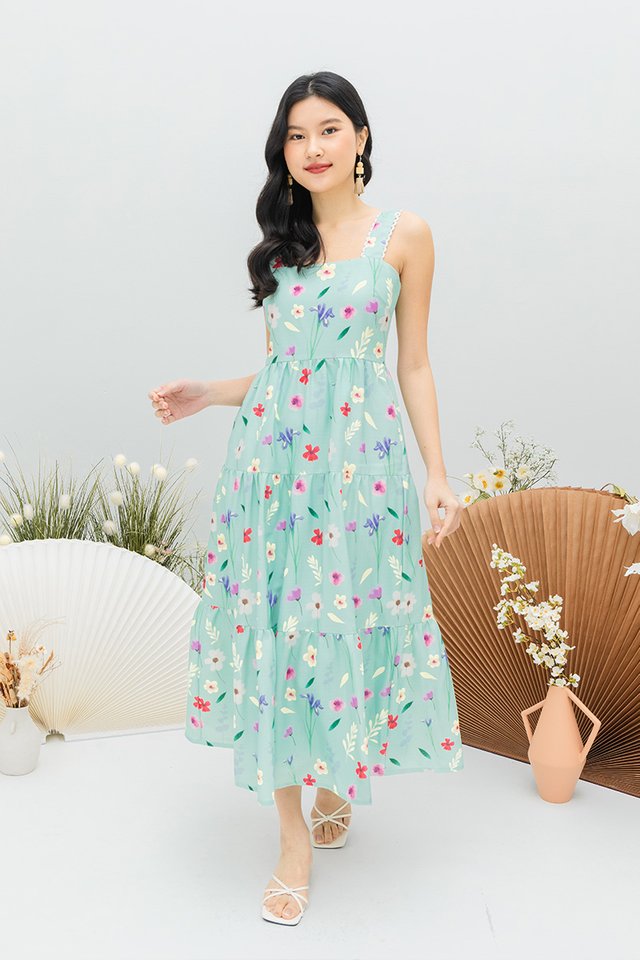 Flower Dome Thick Straps Lattice Dress in Spring Green