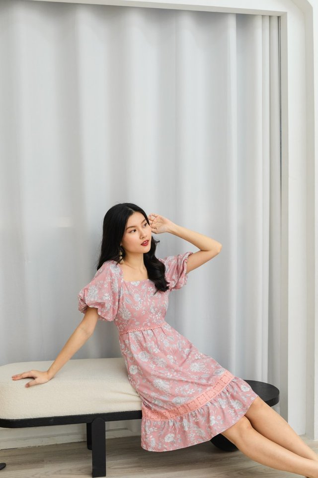 Oriental Blooms Dress in Pink Chinoiserie