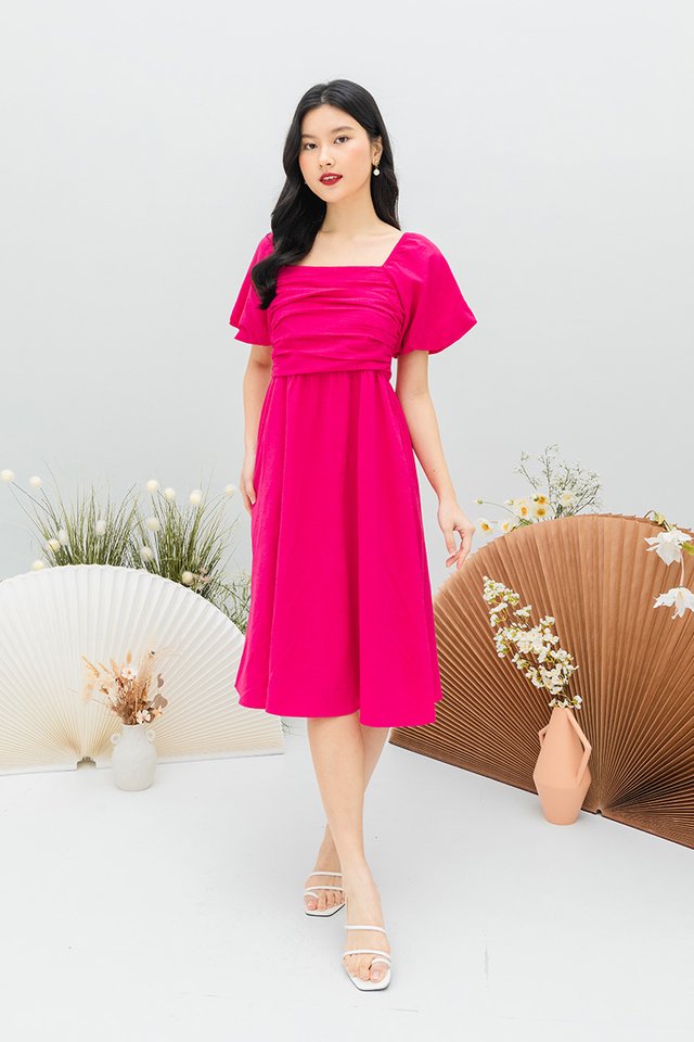 Lovely Date Ruched Puffy Sleeves Dress in Hot Pink