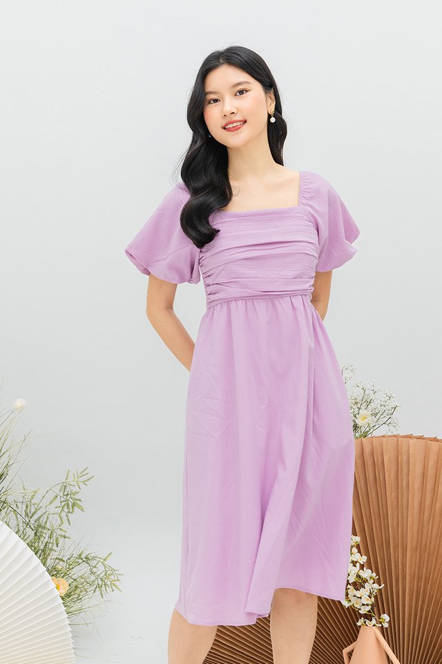 Lovely Date Ruched Puffy Sleeves Dress in Sweet Lilac