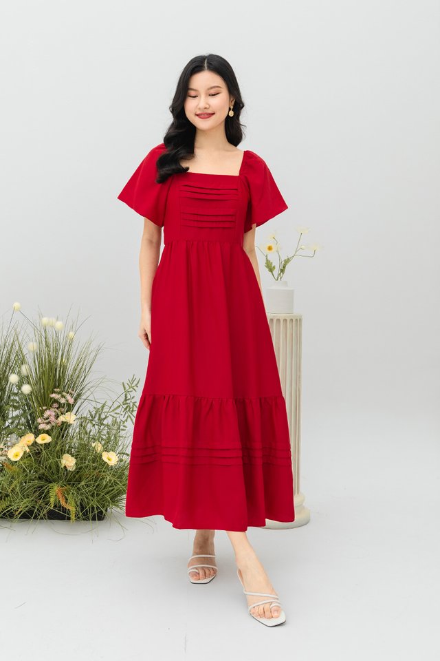 (NEW COLOUR) Pleats Wonderland Flutter Sleeves Dress in Scarlet Red