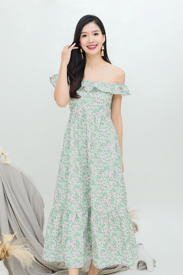 Perfect Frills Dress in Green Roses