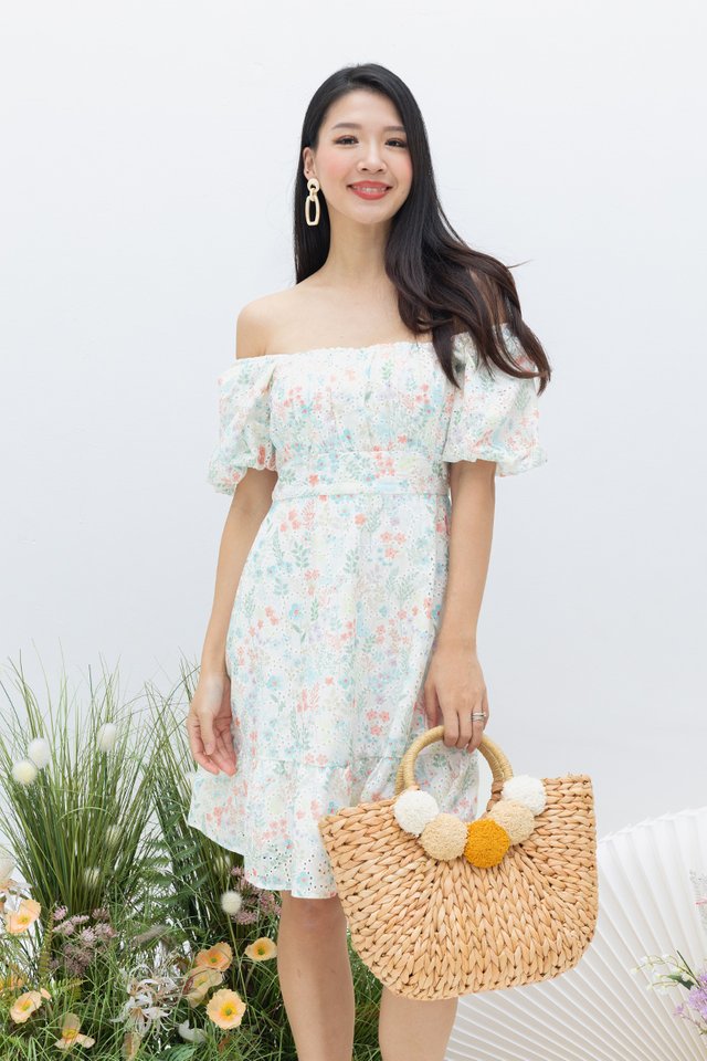 Butterfly Garden Eyelet Dress in Coral Blue