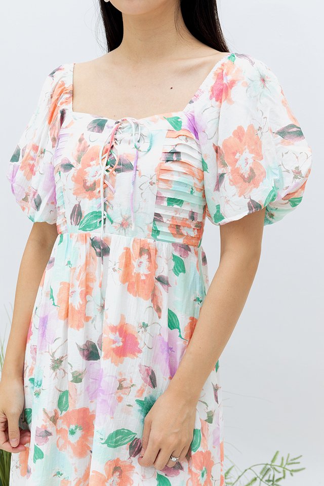 Genna Lace-Up Dress in Apricot Florals